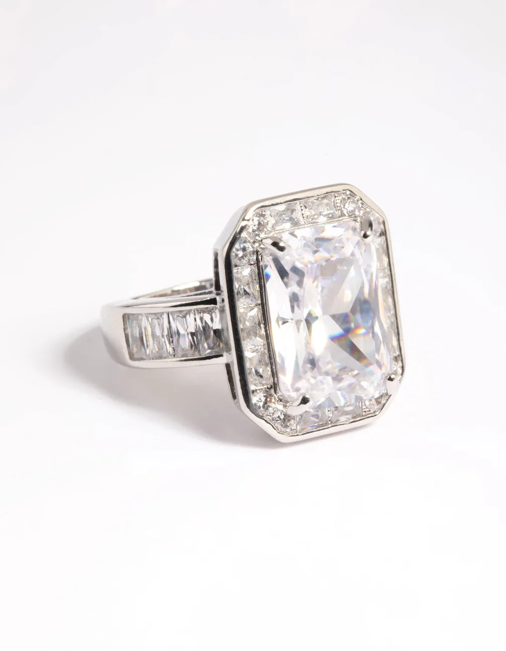 Rhodium Cubic Zirconia Emerald Cut Ring