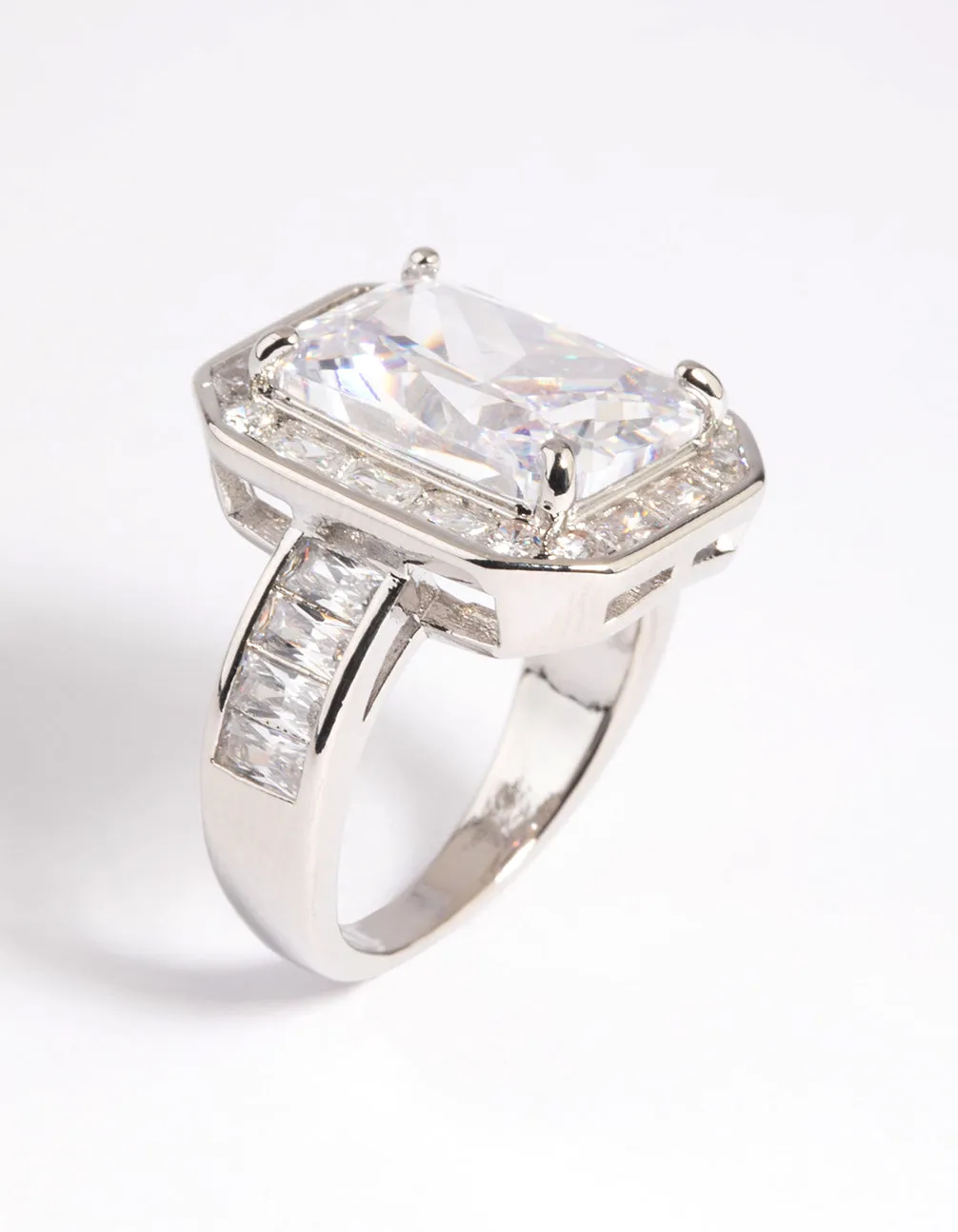 Rhodium Cubic Zirconia Emerald Cut Ring