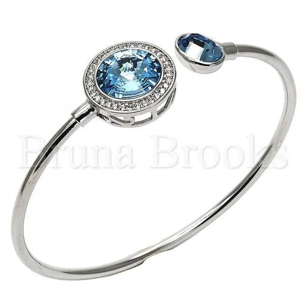 Rhodium Plated 07.26.0003 Individual Bangle, with Aquamarine Swarovski Crystals and White Micro Pave, Polished Finish, Rhodium Tone (02 MM Thickness, One size fits all)