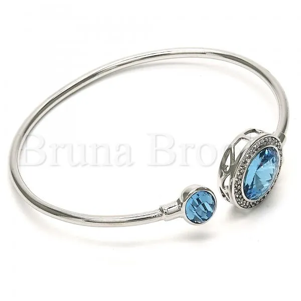 Rhodium Plated 07.26.0003 Individual Bangle, with Aquamarine Swarovski Crystals and White Micro Pave, Polished Finish, Rhodium Tone (02 MM Thickness, One size fits all)