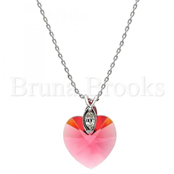 Rhodium Plated Fancy Necklace, Heart and Rat Tail Design, with Swarovski Crystals and Crystal, Rhodium Tone