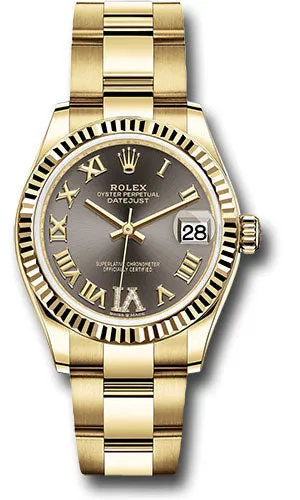 Rolex Yellow Gold Datejust 31 Watch - Fluted Bezel - Dark Grey Diamond Six Dial - Oyster Bracelet 278278 dkgdr6o