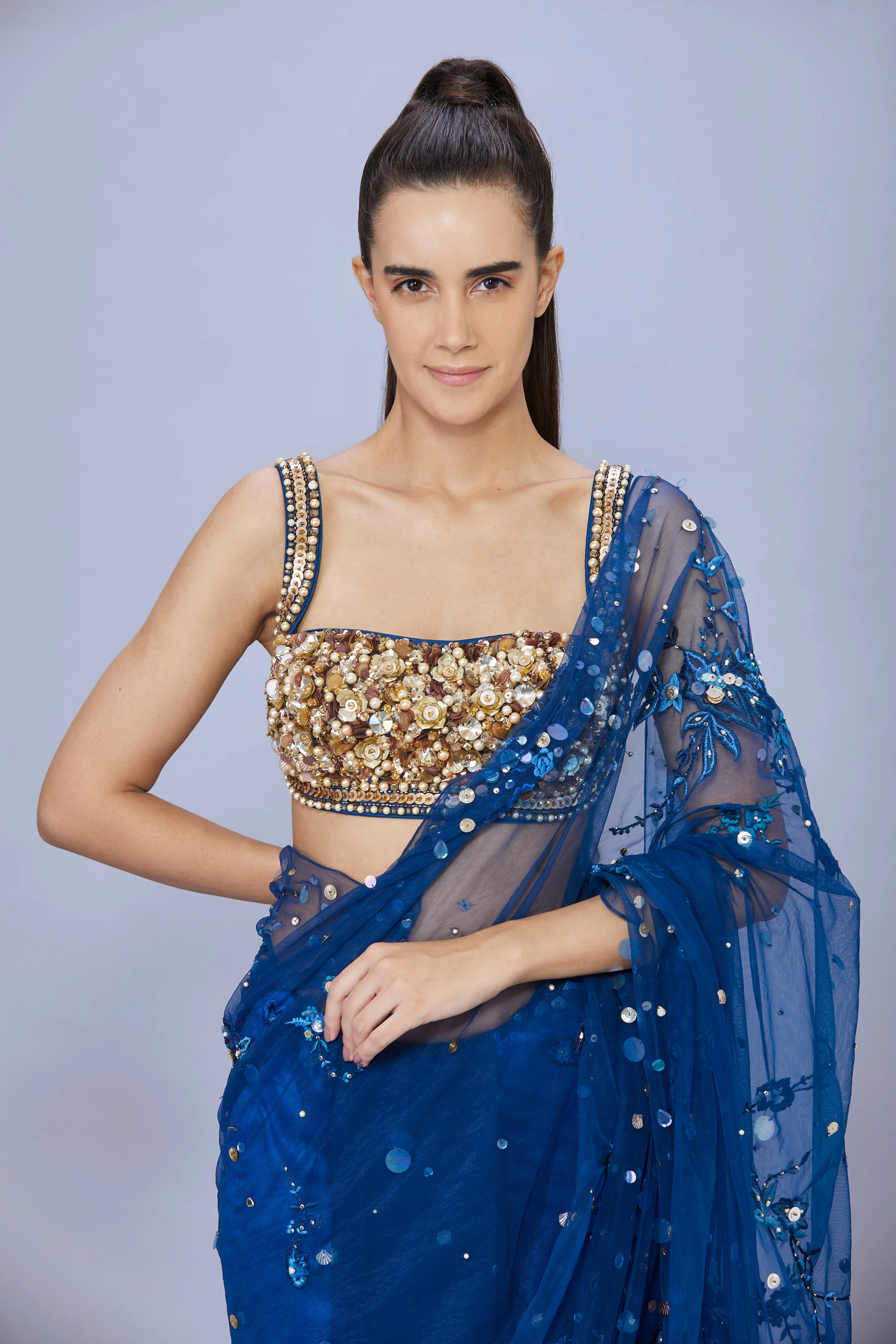 Sapphire Blue  blouse with gold embroidered