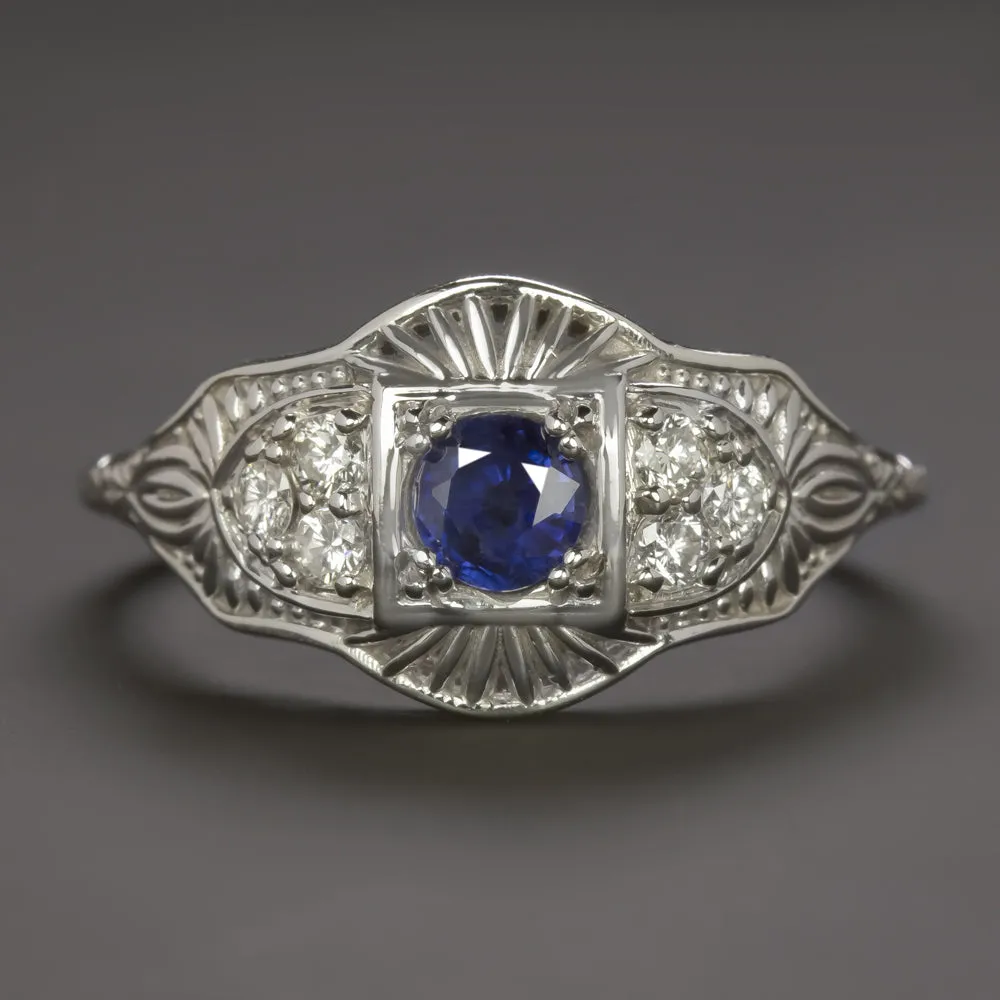 SAPPHIRE DIAMOND RING VINTAGE STYLE COCKTAIL FILIGREE 14k WHITE GOLD BLUE