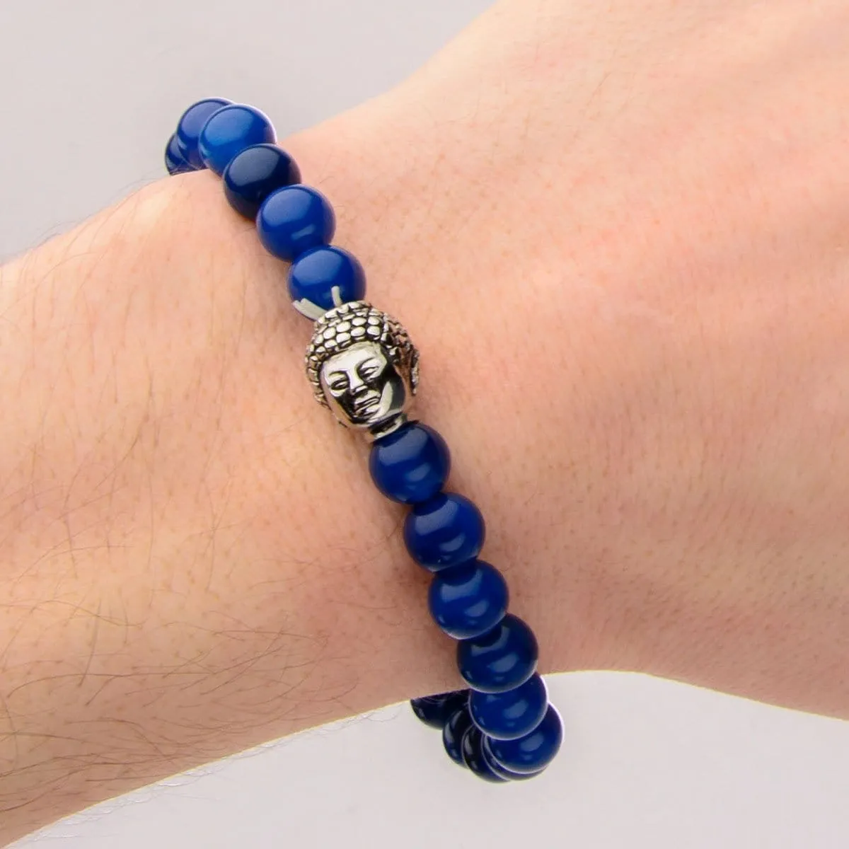 Silver Tone Stainless Steel Buddha on Blue Lapis Bead Stretch Bracelet