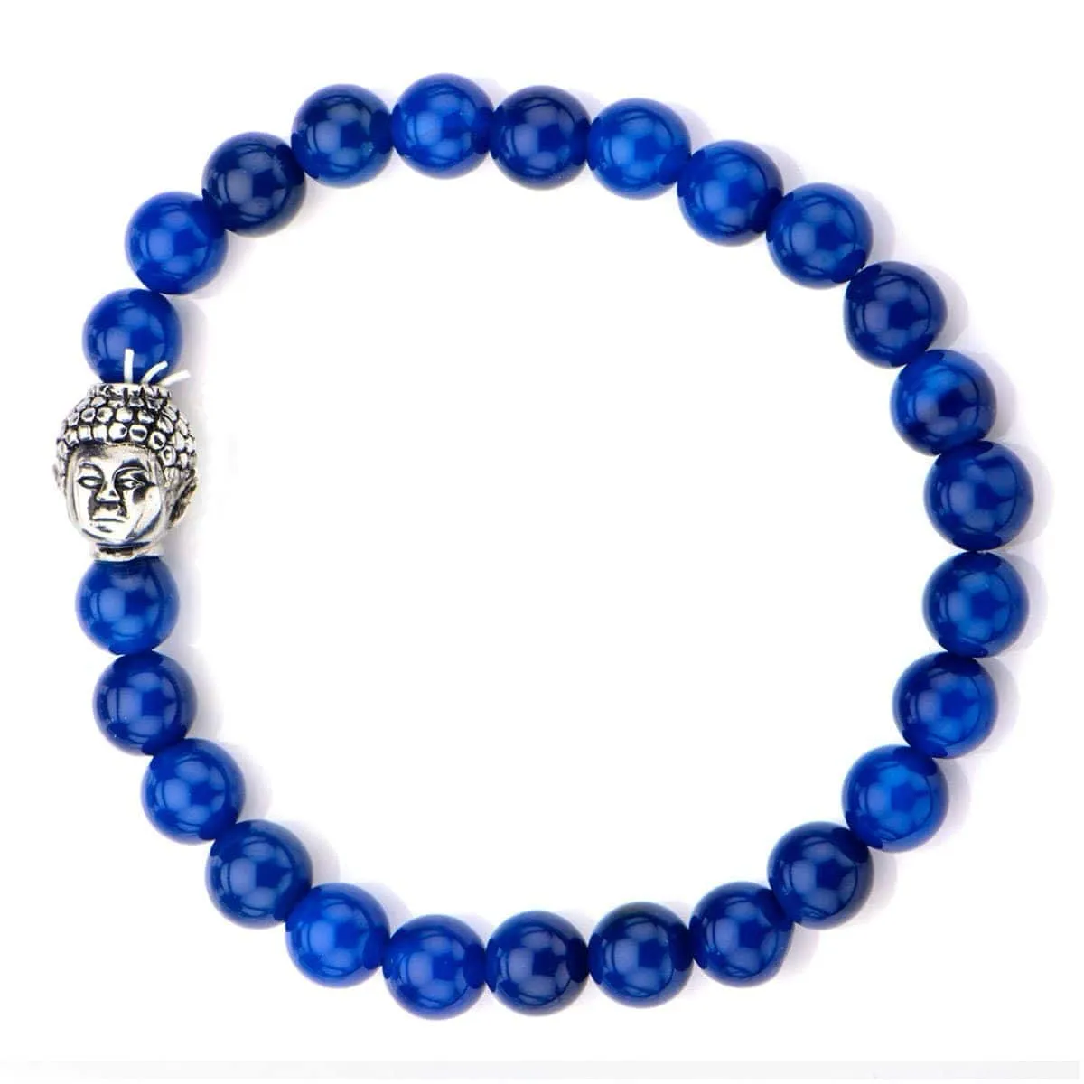 Silver Tone Stainless Steel Buddha on Blue Lapis Bead Stretch Bracelet