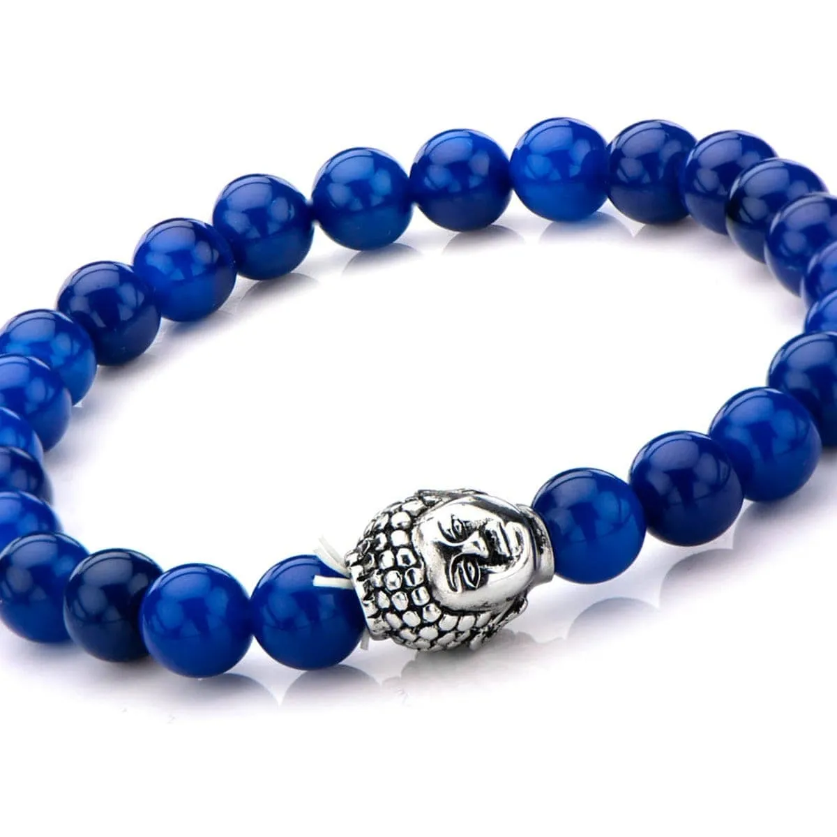 Silver Tone Stainless Steel Buddha on Blue Lapis Bead Stretch Bracelet