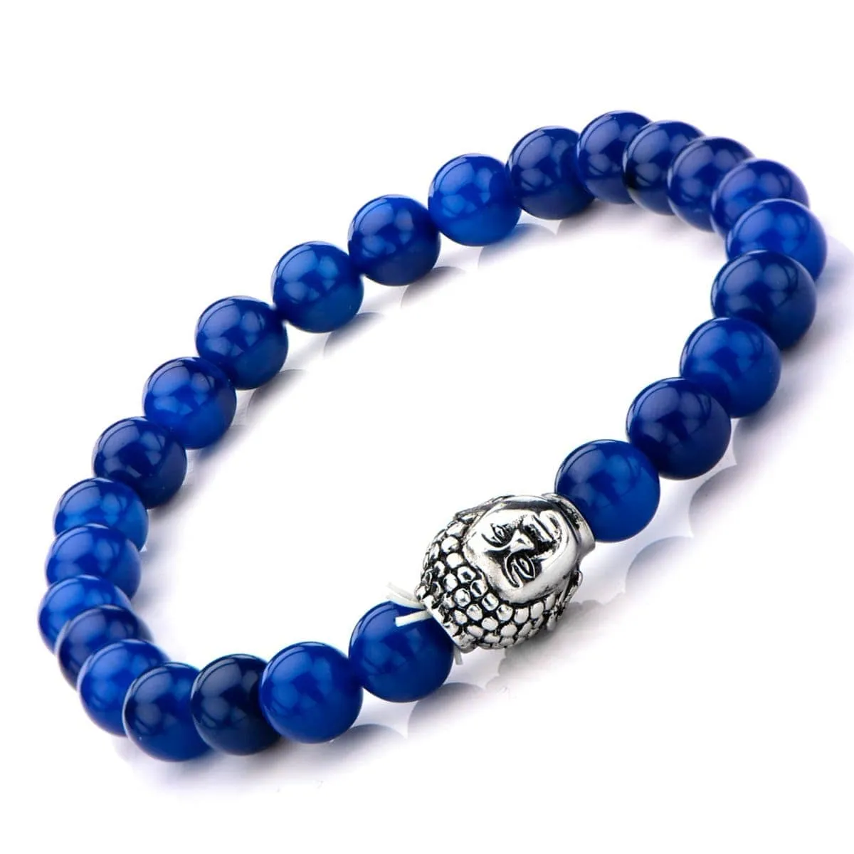 Silver Tone Stainless Steel Buddha on Blue Lapis Bead Stretch Bracelet