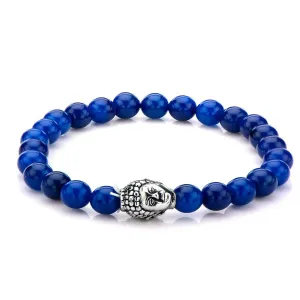 Silver Tone Stainless Steel Buddha on Blue Lapis Bead Stretch Bracelet