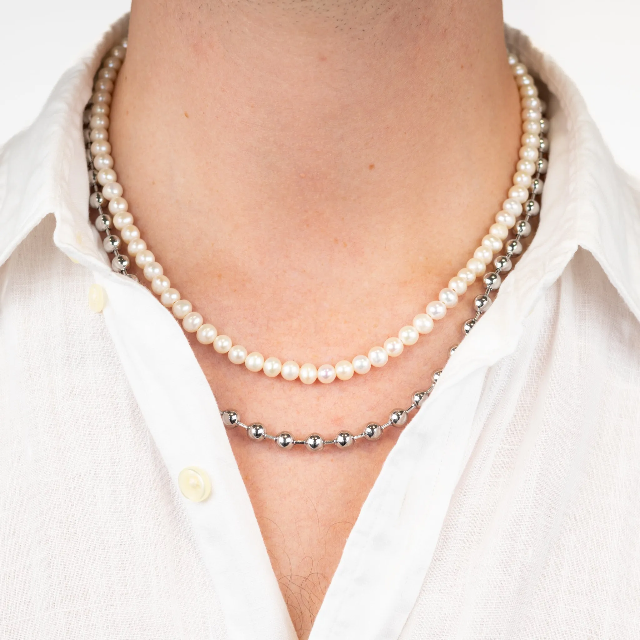 Stainless Steel and White Freshwater Pearl Double Ball Necklace