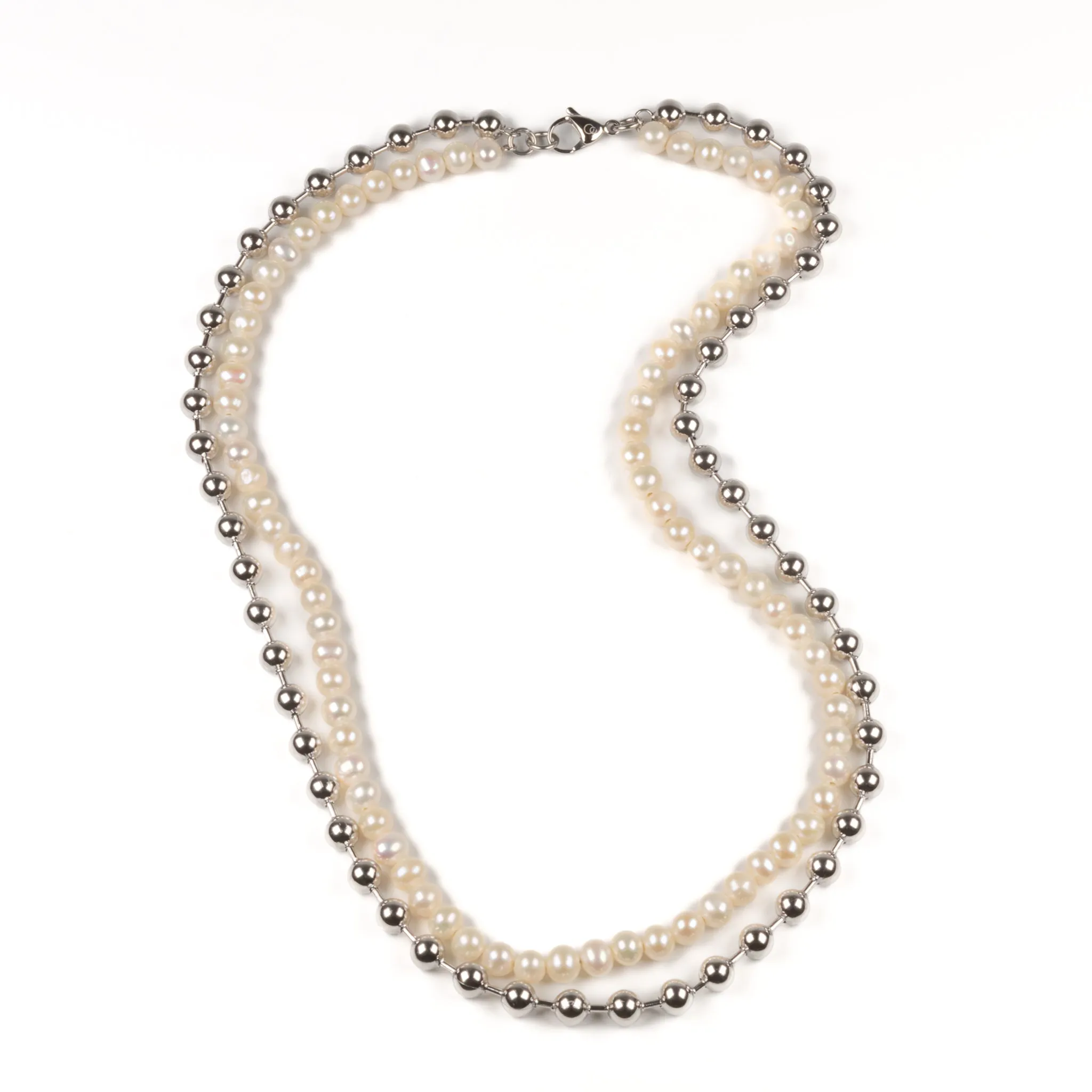 Stainless Steel and White Freshwater Pearl Double Ball Necklace