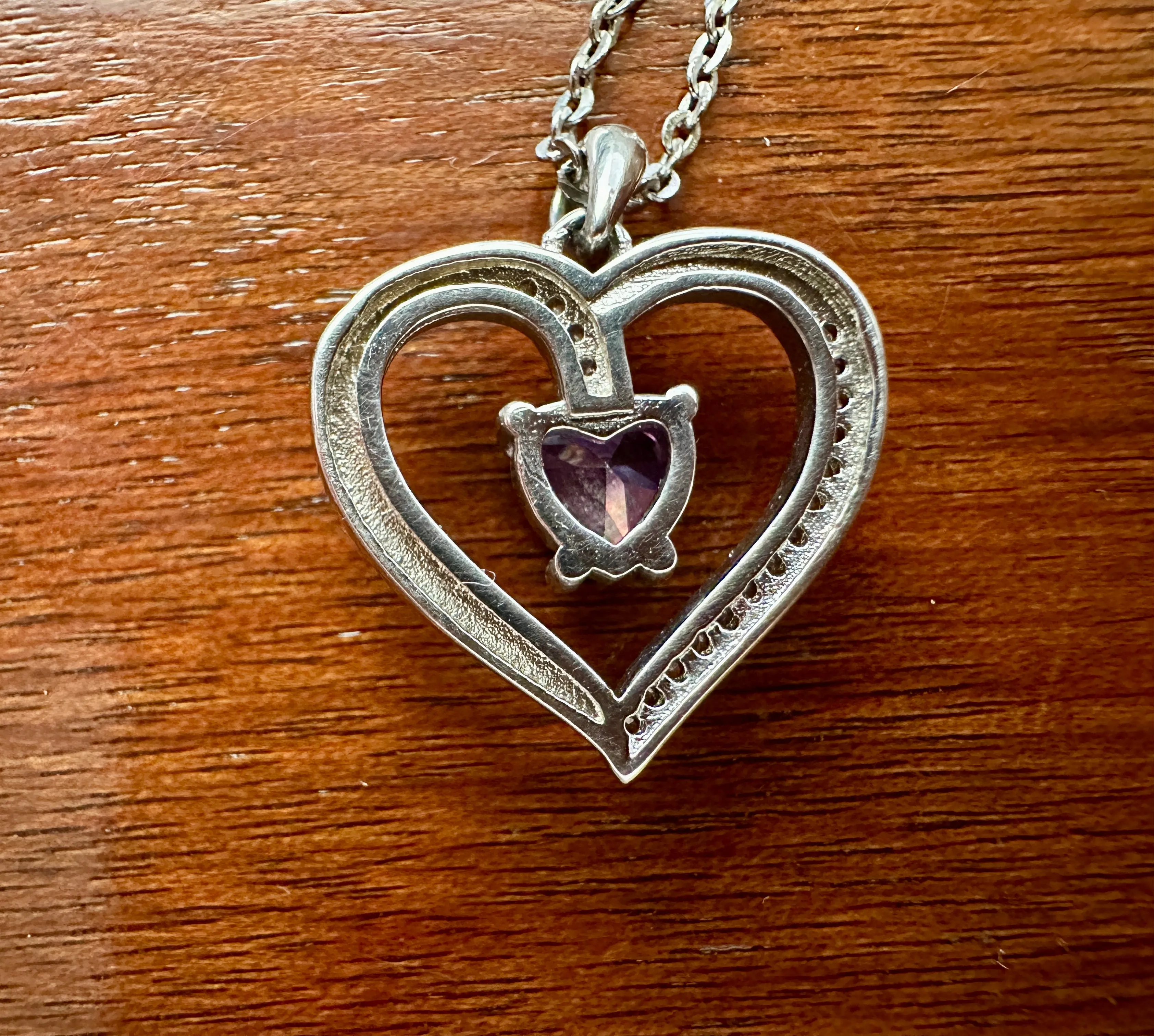 Sterling Silver Rolo Chain Link Pendant Necklace Heart Shaped Amethyst Precious