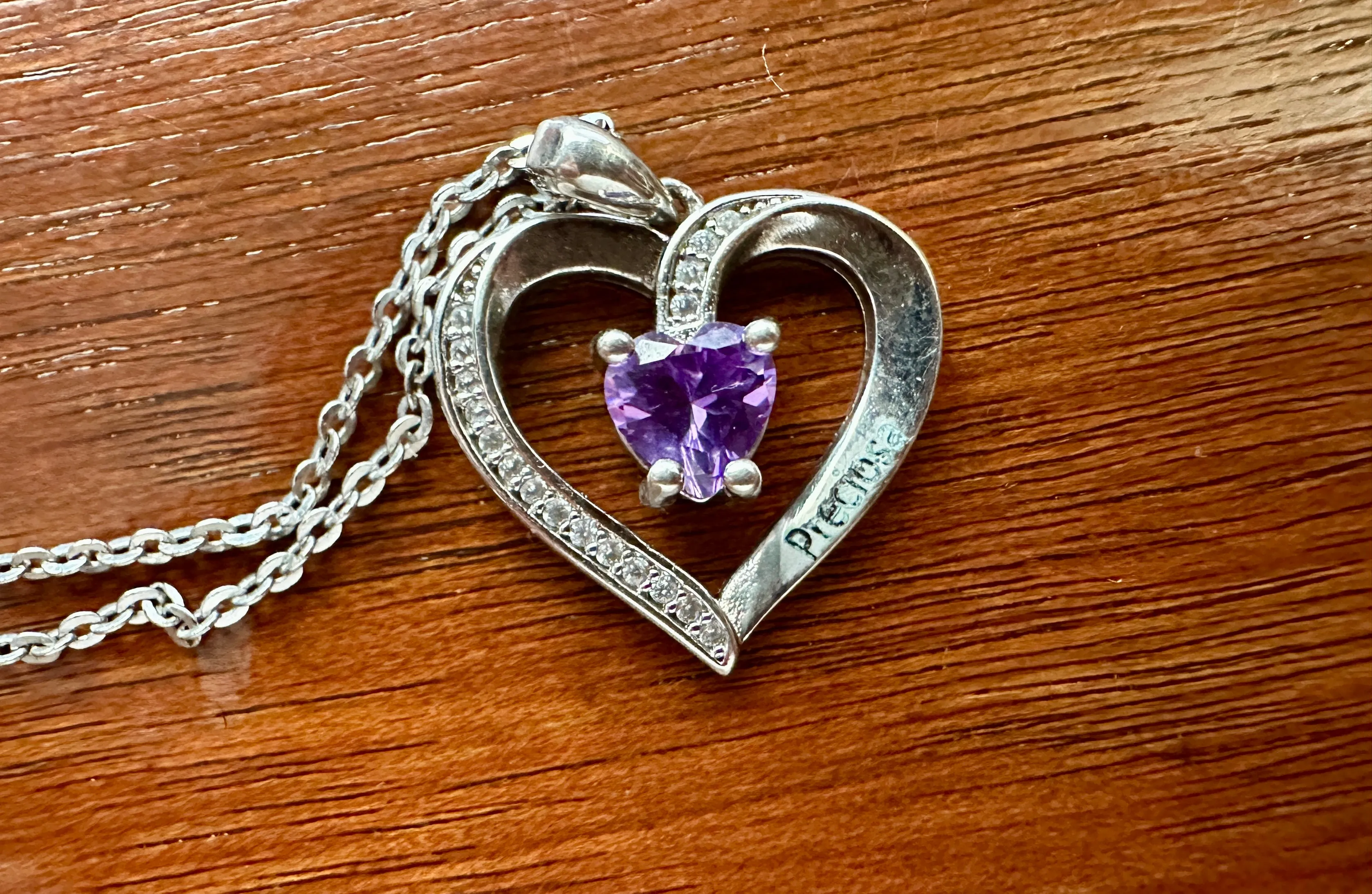 Sterling Silver Rolo Chain Link Pendant Necklace Heart Shaped Amethyst Precious