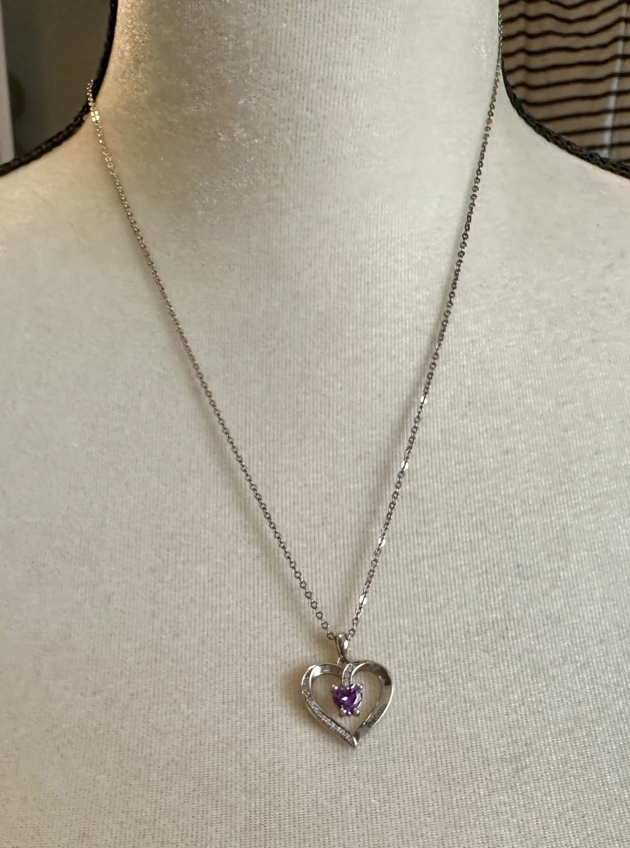 Sterling Silver Rolo Chain Link Pendant Necklace Heart Shaped Amethyst Precious