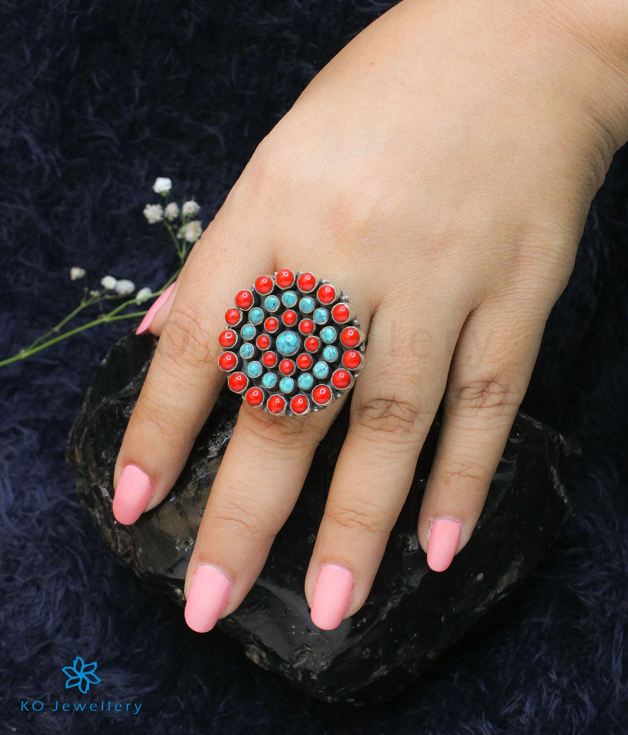 The Amrita Silver Gemstone Cocktail Finger-ring(Coral/Turquoise)