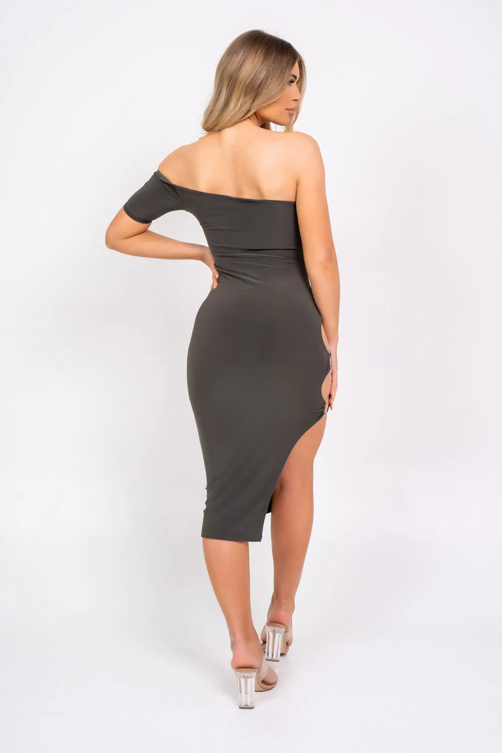 The Baddest Khaki Slinky Bodycon One Shoulder Cut Out Slit Ring Dress