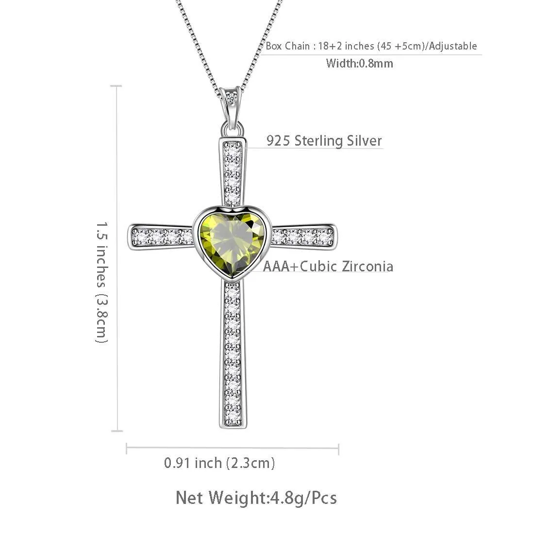 Tokyo Mart Heart Birthstone August Peridot Cross Necklace Pendant Women Girls Jewelry Birthday Gift