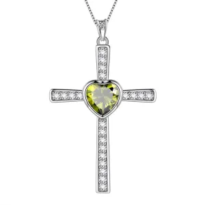 Tokyo Mart Heart Birthstone August Peridot Cross Necklace Pendant Women Girls Jewelry Birthday Gift