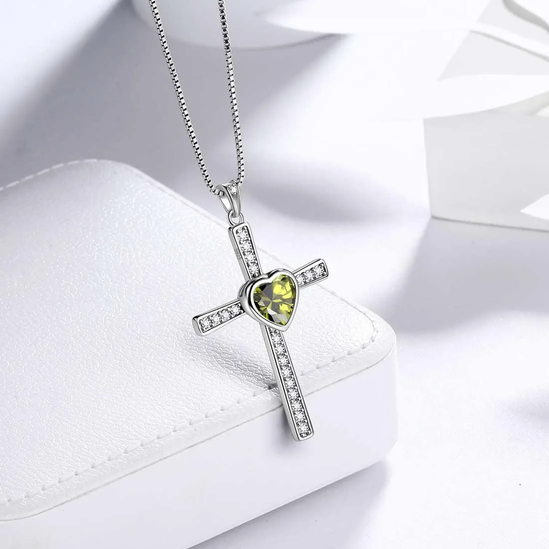 Tokyo Mart Heart Birthstone August Peridot Cross Necklace Pendant Women Girls Jewelry Birthday Gift