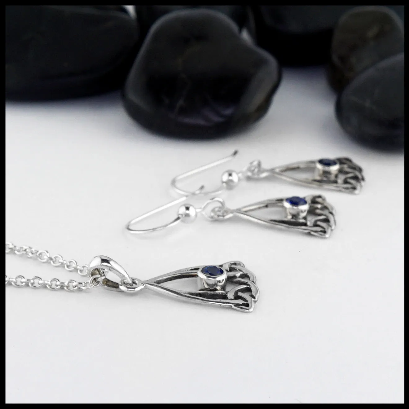 Trinity Knot Drop Pendant and Earring Set with Sapphire