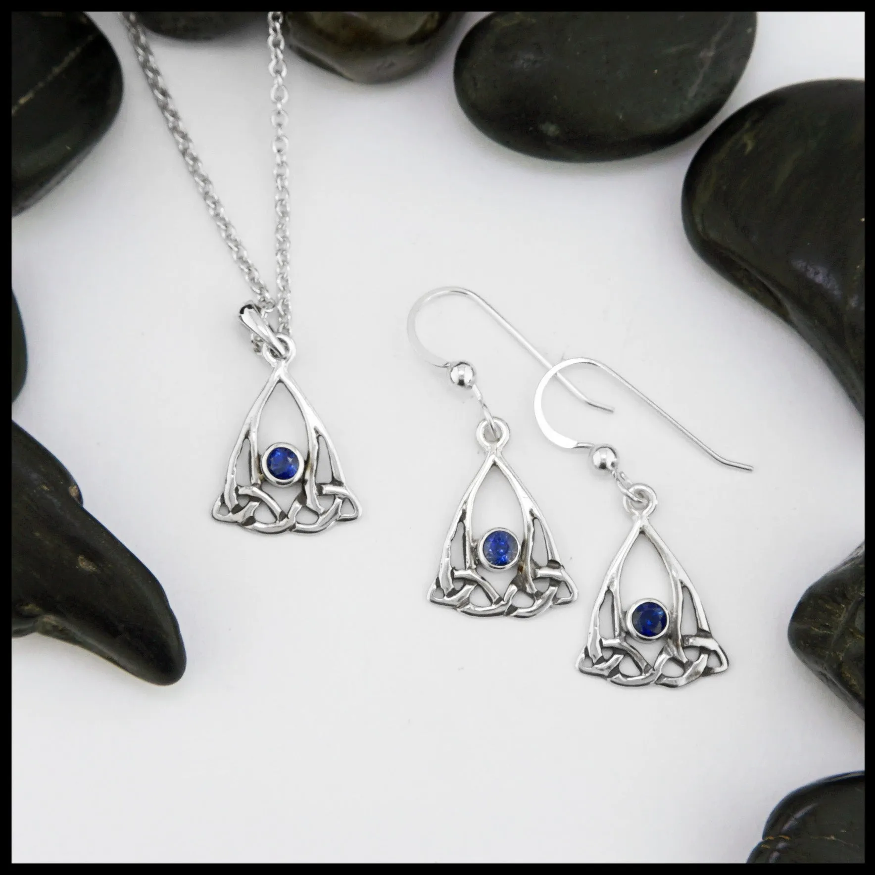 Trinity Knot Drop Pendant and Earring Set with Sapphire