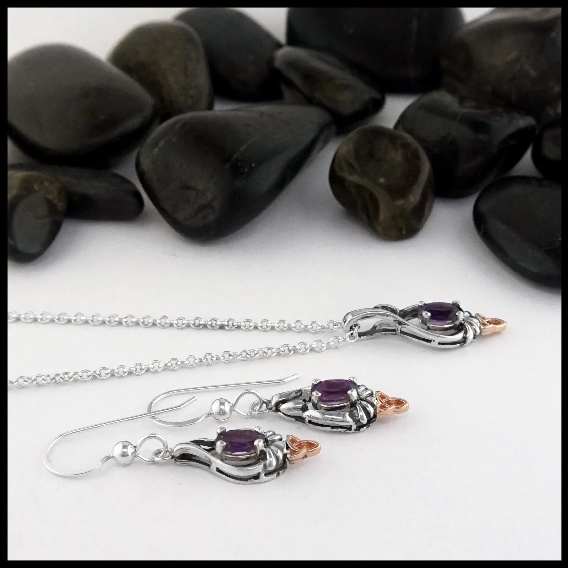 Trinity Knot Pendant and Earring set with Amethyst