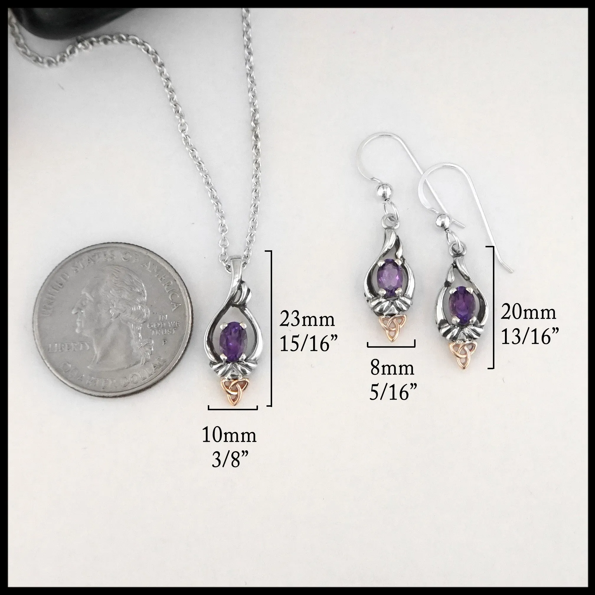 Trinity Knot Pendant and Earring set with Amethyst