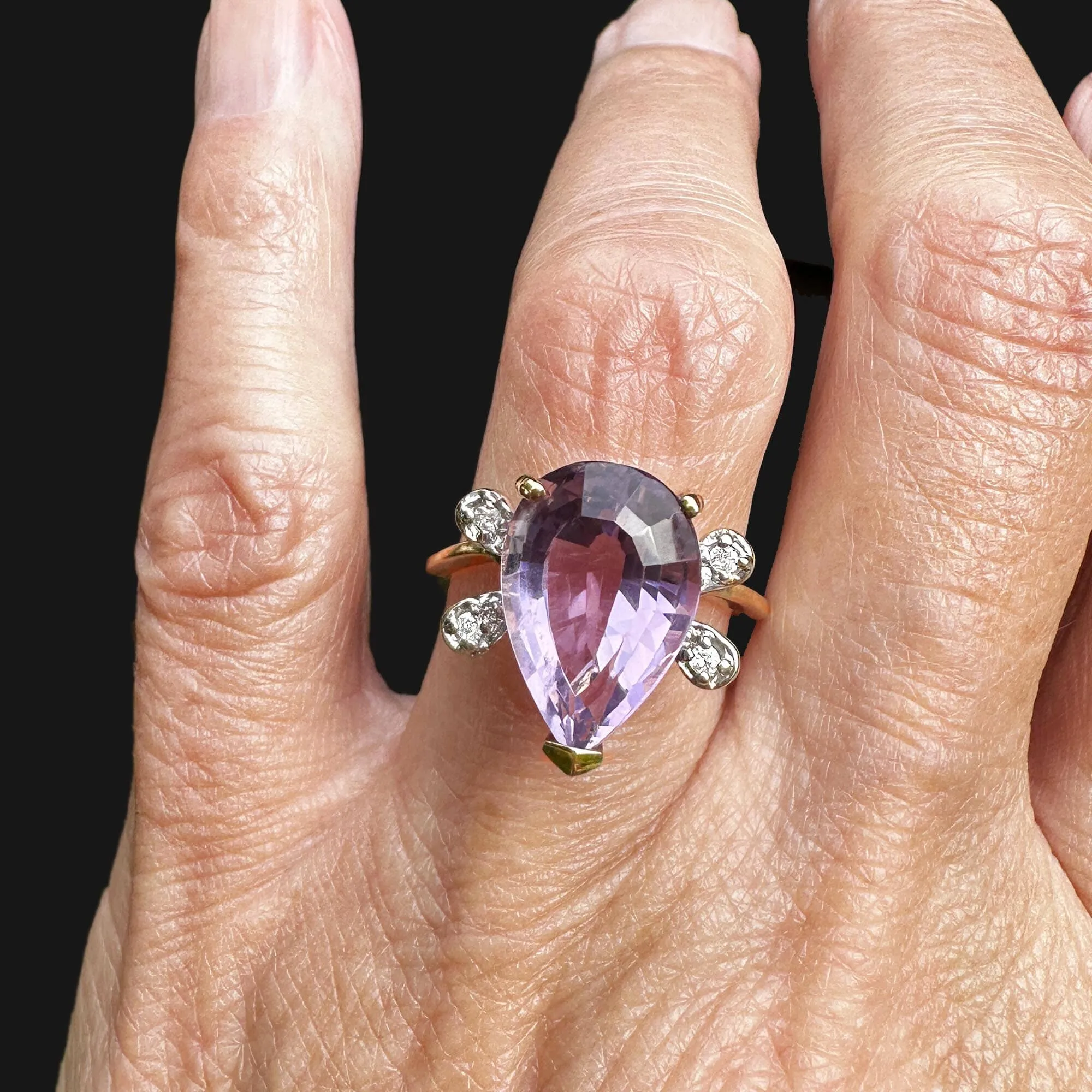 Vintage 14K Gold Diamond Wing Pear Cut Amethyst Ring