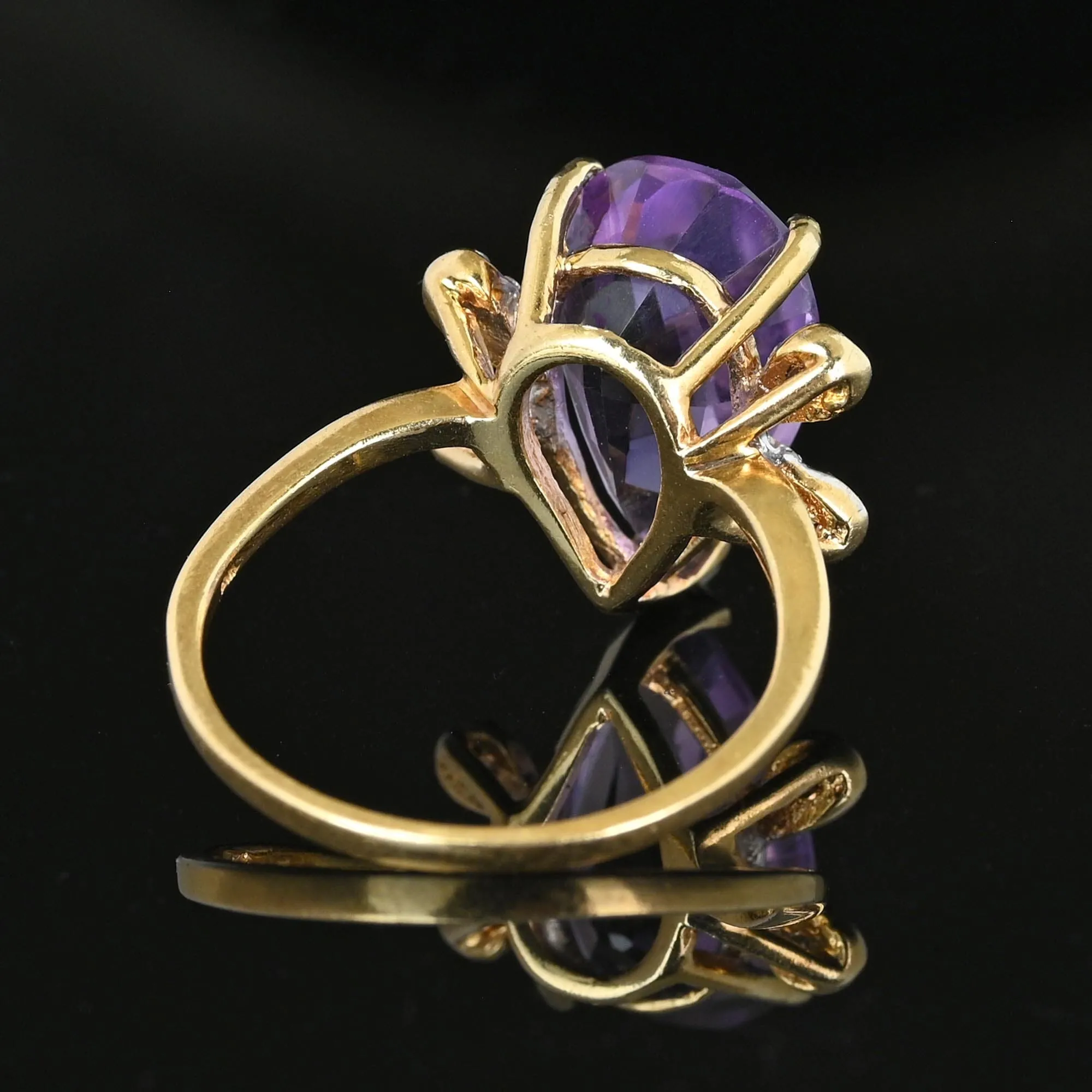 Vintage 14K Gold Diamond Wing Pear Cut Amethyst Ring