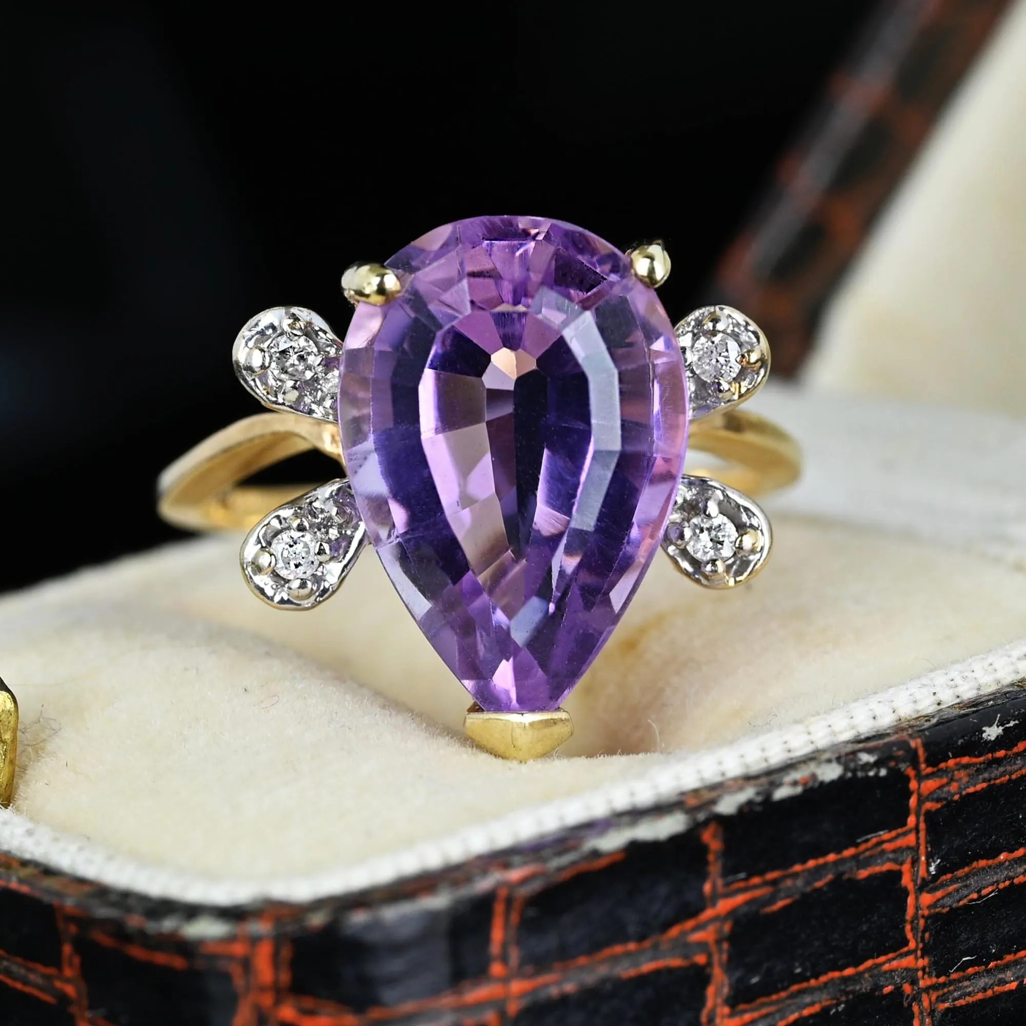 Vintage 14K Gold Diamond Wing Pear Cut Amethyst Ring