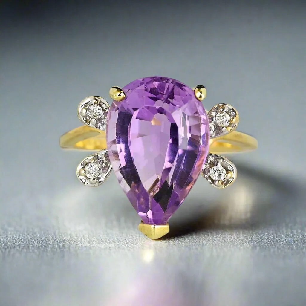 Vintage 14K Gold Diamond Wing Pear Cut Amethyst Ring