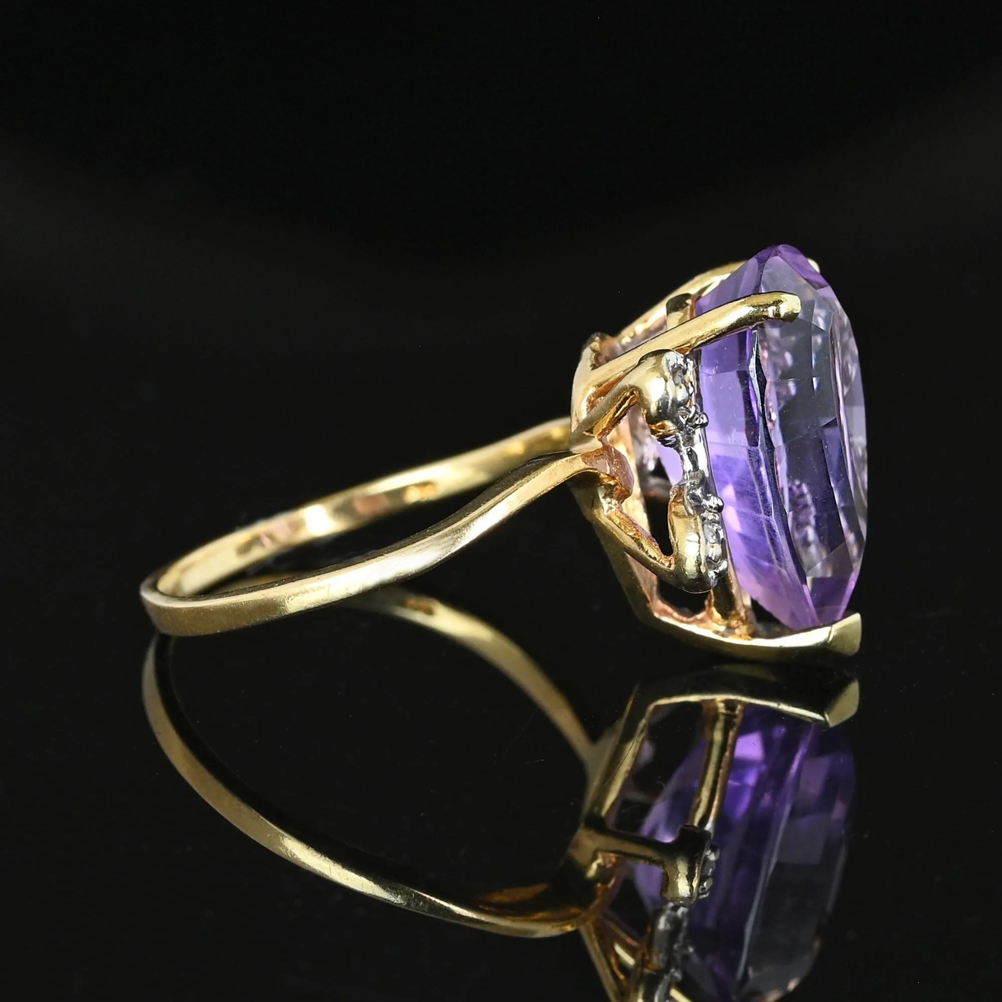 Vintage 14K Gold Diamond Wing Pear Cut Amethyst Ring