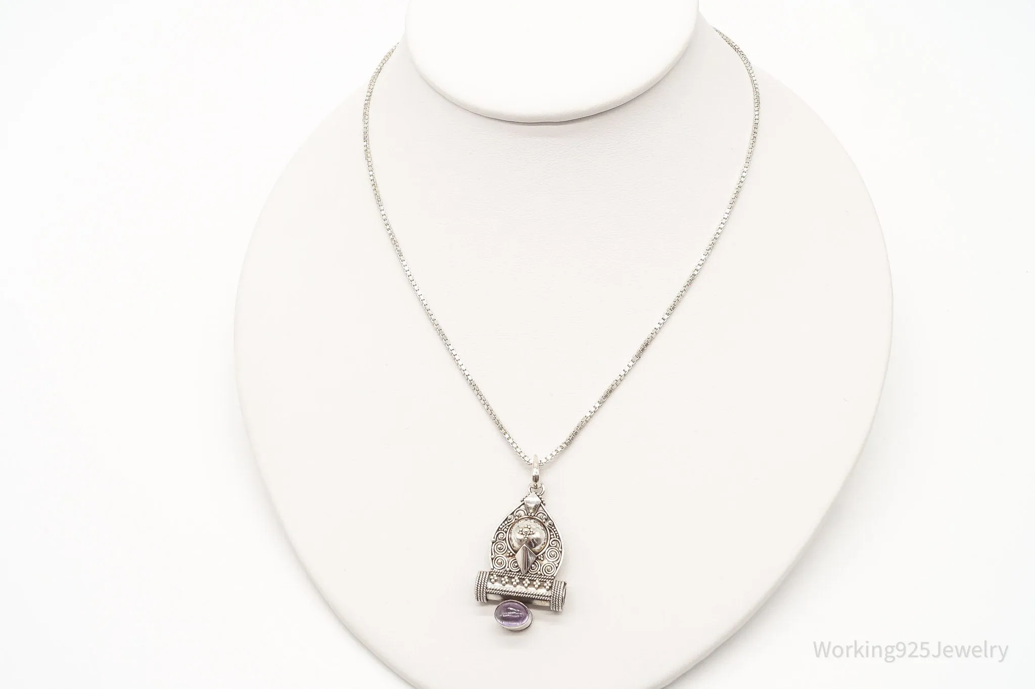 Vintage Amethyst Bali Style Filigree Sterling Silver Necklace