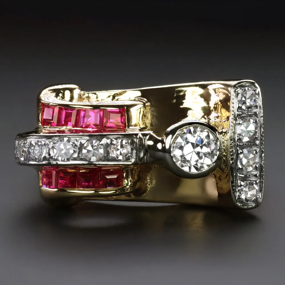 VINTAGE DIAMOND RUBY COCKTAIL RING ART DECO 14k GOLD OLD EUROPEAN CUT CHUNKY