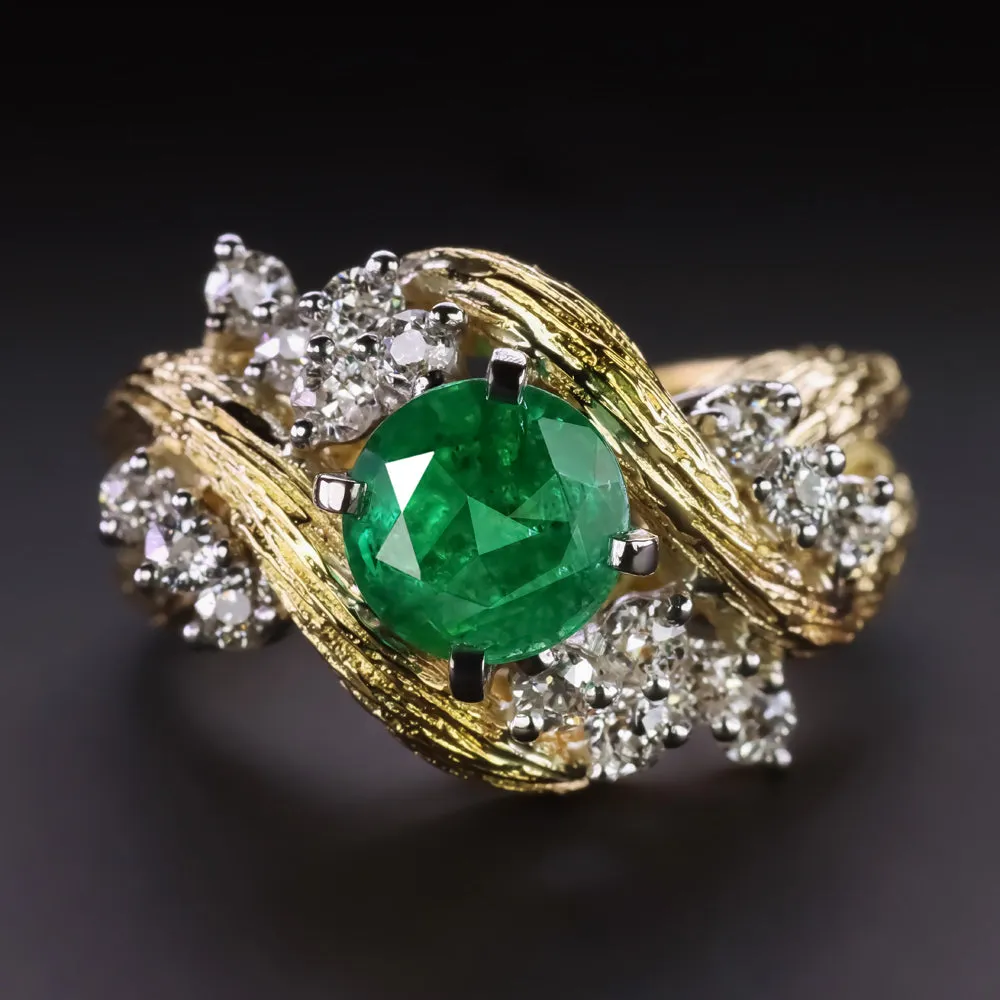 VINTAGE EMERALD DIAMOND COCKTAIL RING 18k YELLOW GOLD CLUSTER RETRO OLD CUT