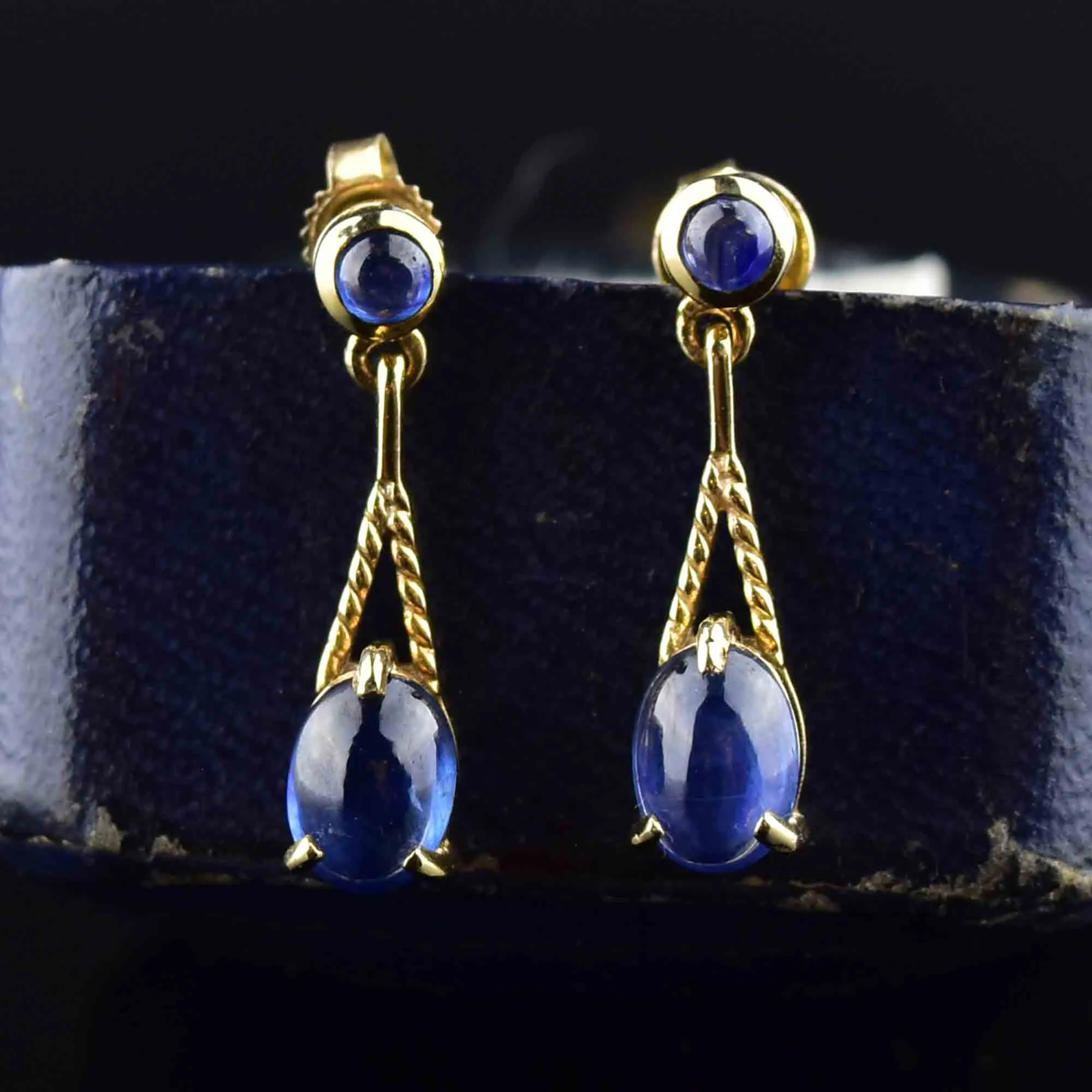 Vintage Gold Sapphire Cabochon Stud Drop Earrings