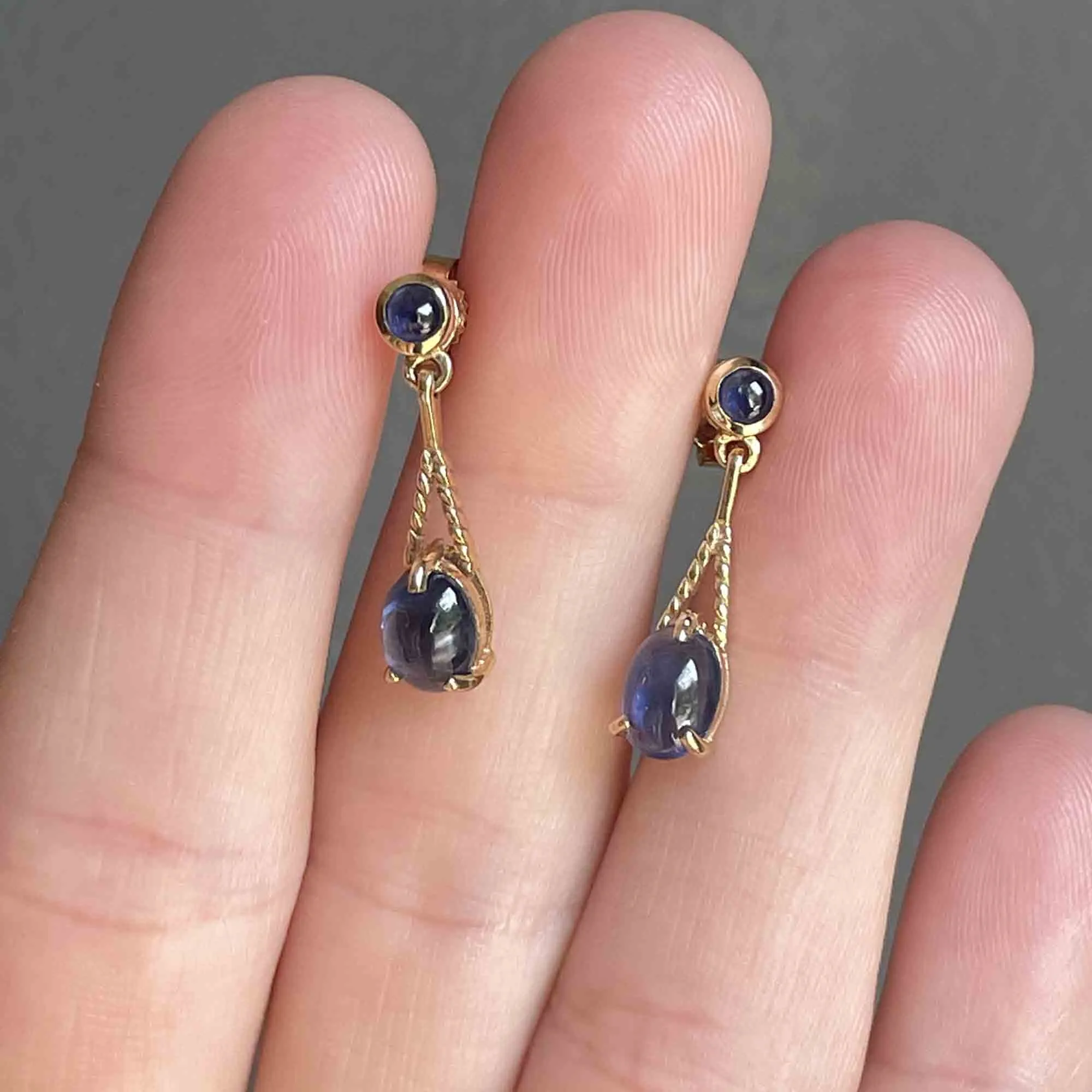 Vintage Gold Sapphire Cabochon Stud Drop Earrings