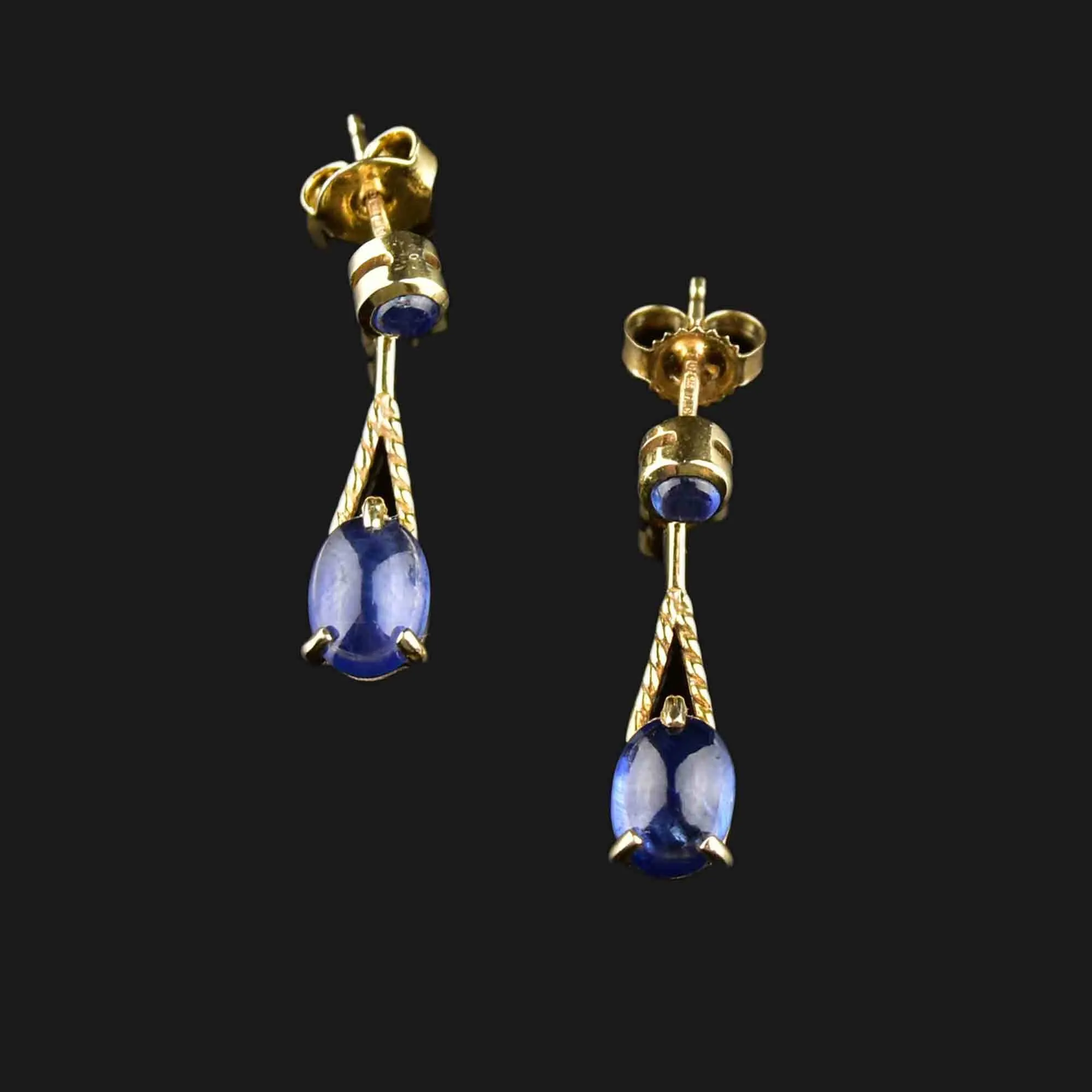 Vintage Gold Sapphire Cabochon Stud Drop Earrings