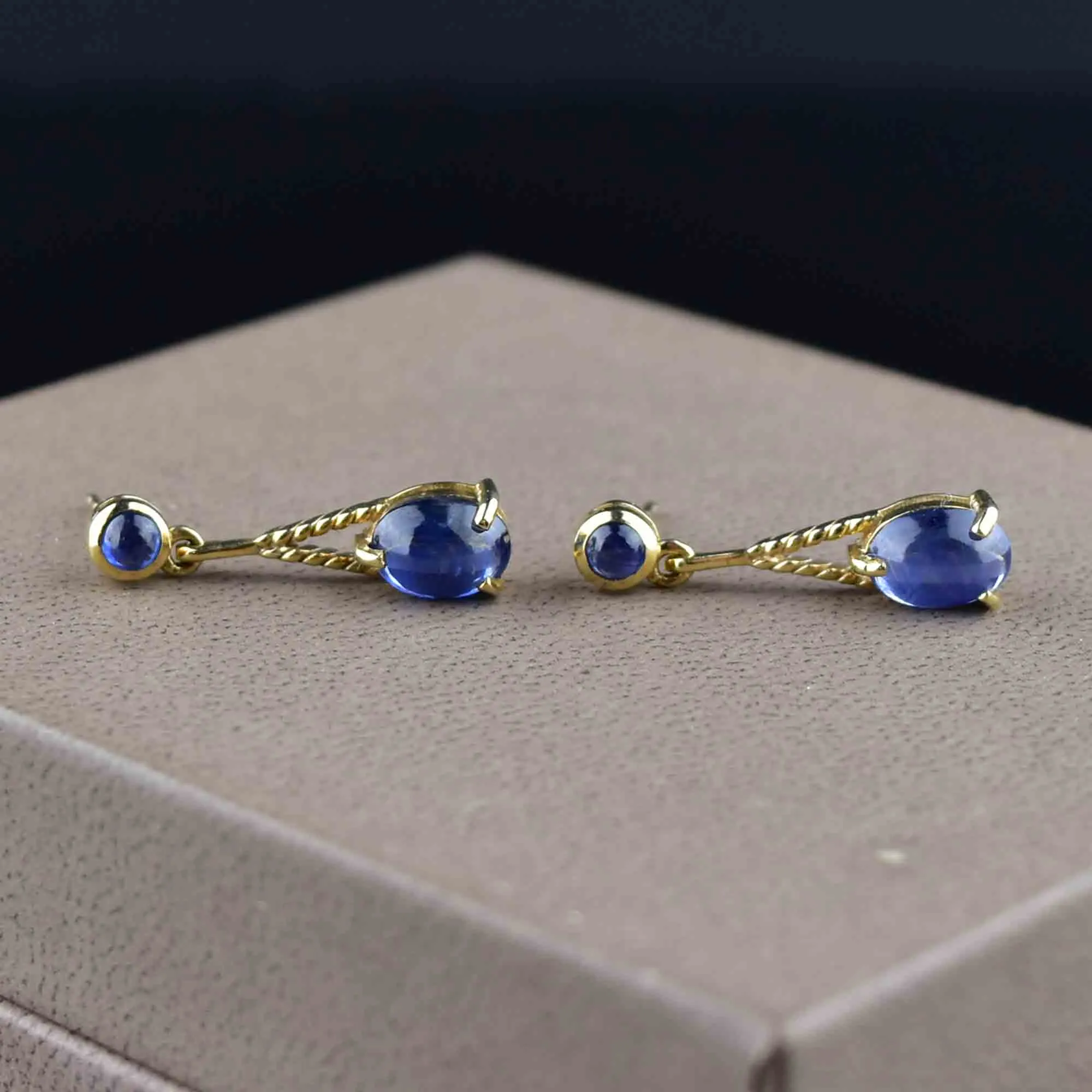 Vintage Gold Sapphire Cabochon Stud Drop Earrings