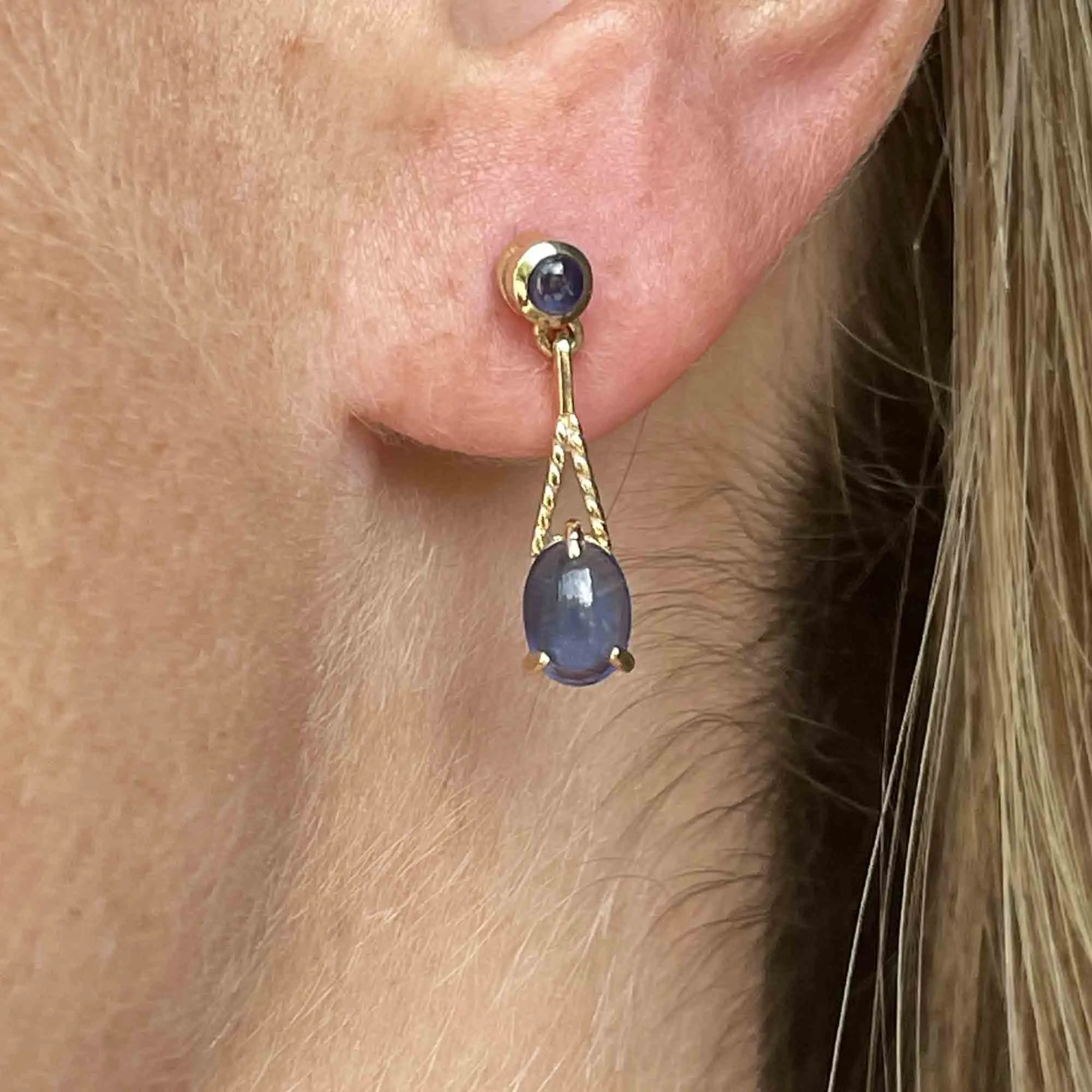 Vintage Gold Sapphire Cabochon Stud Drop Earrings