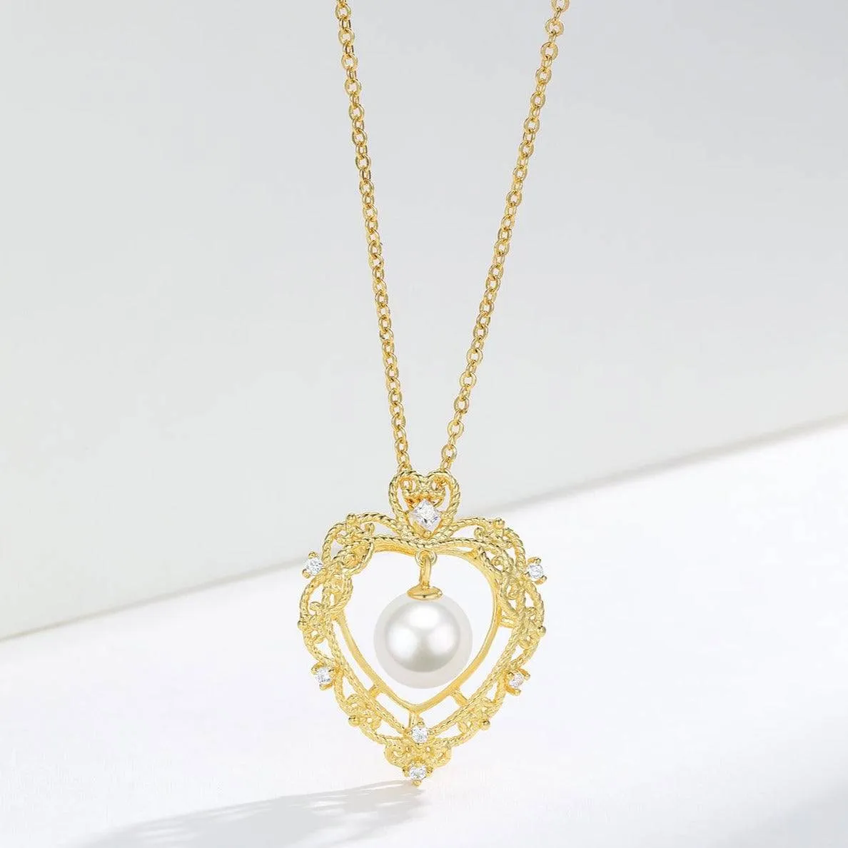 Vintage Hollow Heart Freshwater Pearl Pendant Necklace