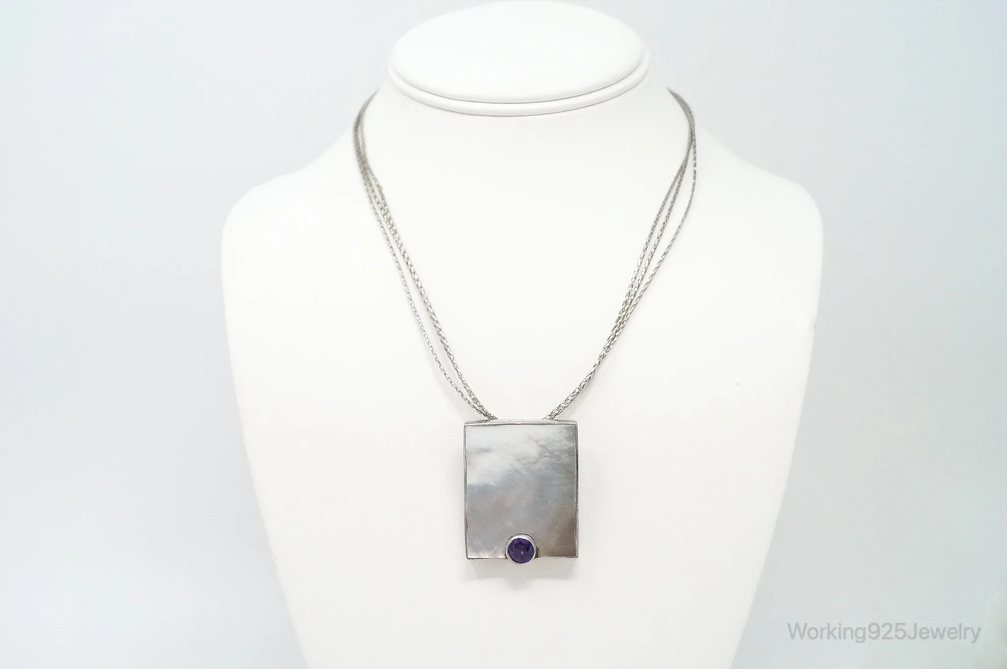 Vintage Large Mother Of Pearl Amethyst Modernist Sterling Silver Necklace