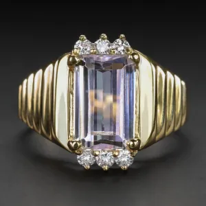 VINTAGE QUARTZ DIAMOND COCKTAIL RING EMERALD CUT WIDE 14k YELLOW GOLD 60s 70s