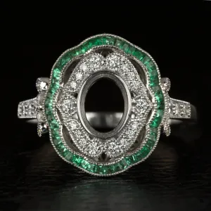 VINTAGE STYLE DIAMOND EMERALD HALO ENGAGEMENT RING SETTING OVAL SEMI MOUNT