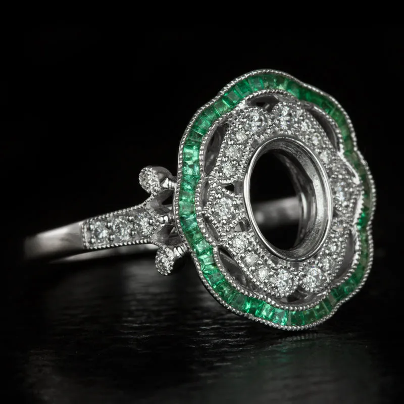 VINTAGE STYLE DIAMOND EMERALD HALO ENGAGEMENT RING SETTING OVAL SEMI MOUNT