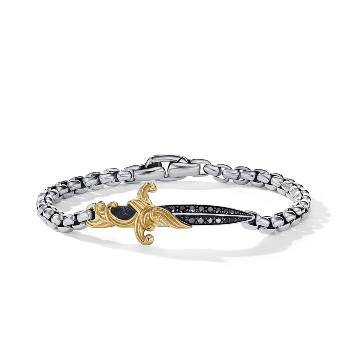 Waves Dagger Bracelet in Sterling Silver with 18K Yellow Gold and Pave Black Diamonds