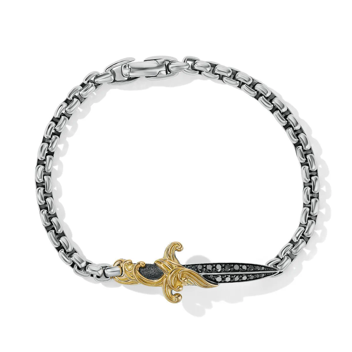 Waves Dagger Bracelet in Sterling Silver with 18K Yellow Gold and Pave Black Diamonds