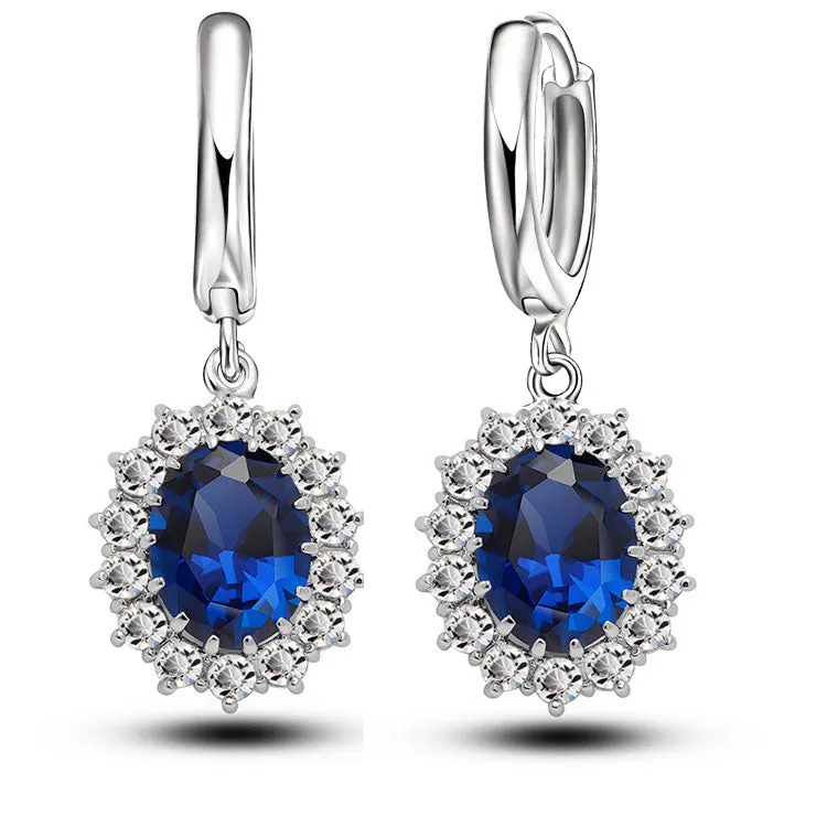 Women's Crystal 925 Sterling Silver Blue Cubic Zircon Earrings and Pendant Necklace Jewelry Set