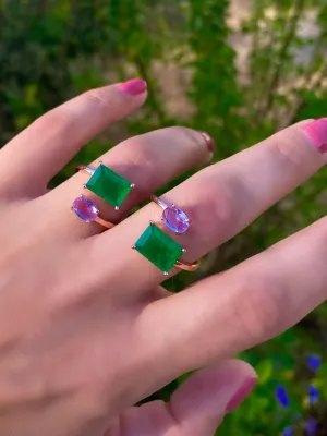 Wraparound ring with large green and pink zircon stones