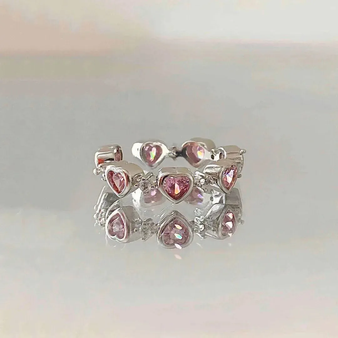 Y2K Style Sparkling Pink Zircon Bride Rings for Women Couples Korean Trendy Heart Star Geometric Wedding Party Jewelry